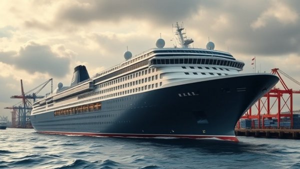 Royal Caribbean ship docked at port under cloudy sky, cold front diverting cruise.