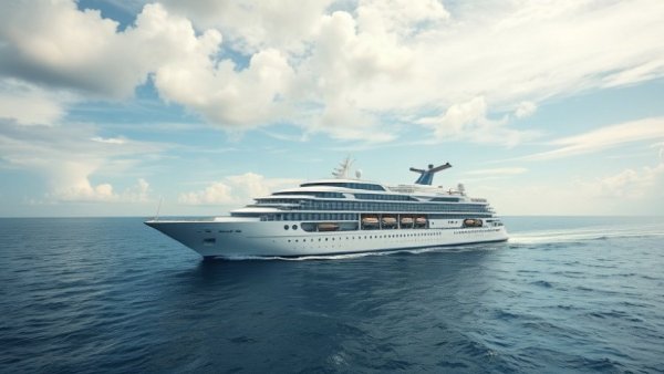 Luxurious cruise ship on Southern Spain wellness voyage under partly cloudy sky.