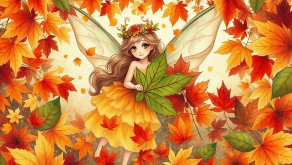 Whimsical fairy amidst vibrant fall foliage and autumn festivals.