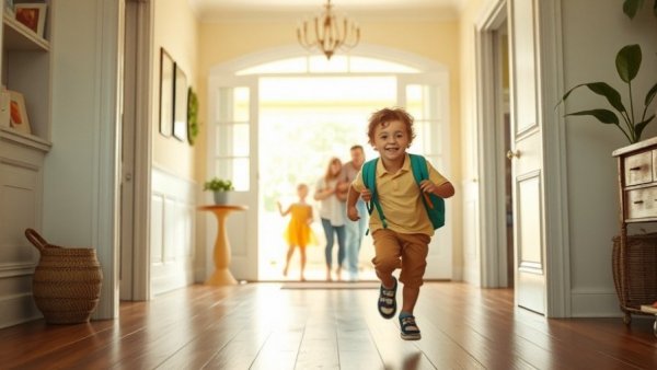 Happy child running in family-friendly home, vibrant and welcoming.
