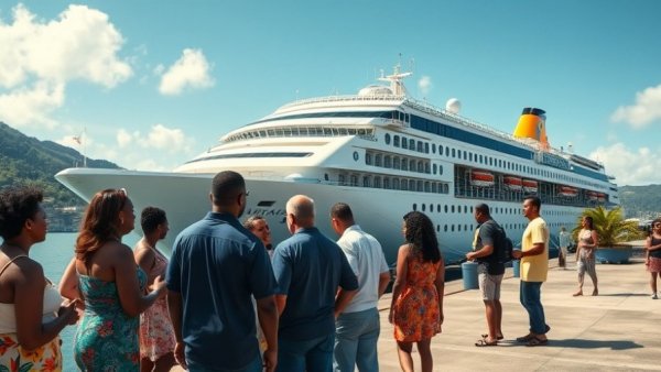 Carnival Sunrise docked at Ocho Rios with group greeting nearby.
