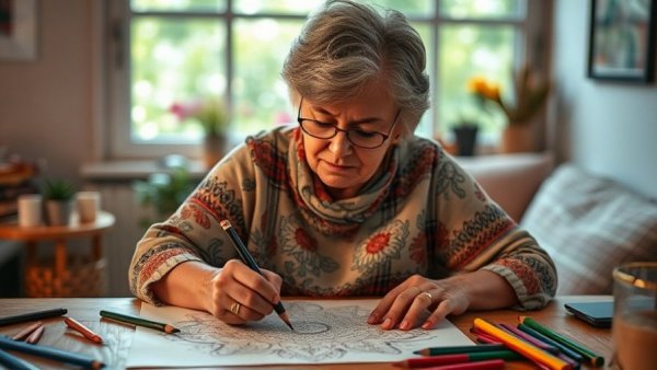 Senior woman coloring in a cozy room, promoting benefits.