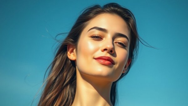 Serene young woman enjoying sunlight against a blue sky.