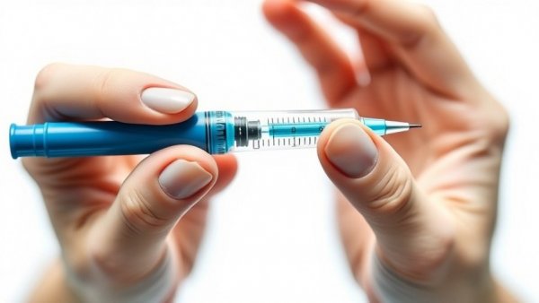 Close-up of hands holding a weight loss drug injector pen.