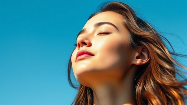 Serene woman basking in sunlight against blue sky, highlighting Disordered Eating vs. Eating Disorders.