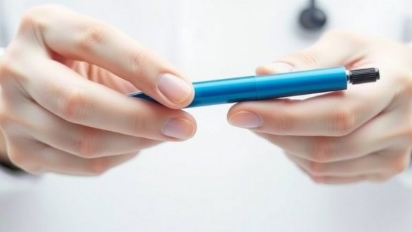 Hands holding a blue medical pen, related to reduced costs for weight loss drugs.