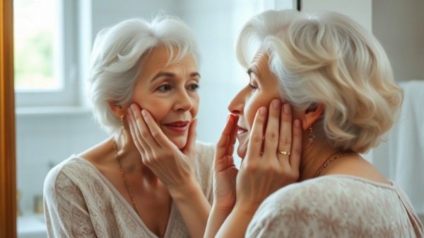 Elderly woman tending to skin in mirror, preventing dry skin.