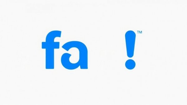 Blue 'fa!' on gray background, minimalistic design.