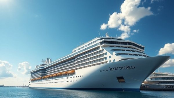 Icon of the Seas cruise ship docked at Galveston harbor.