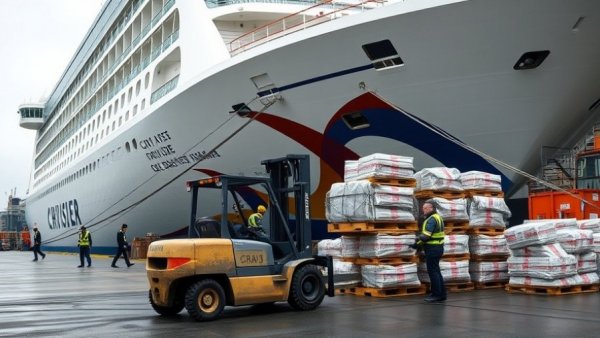 Cruise ship unloading supplies at dock to support Jamaica’s recovery tourism.