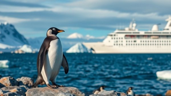 Gentoo penguin and cruise ship, Antarctica 2027-28 season.
