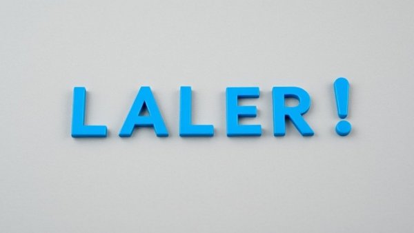 Minimal blue text with exclamation mark on gray background.