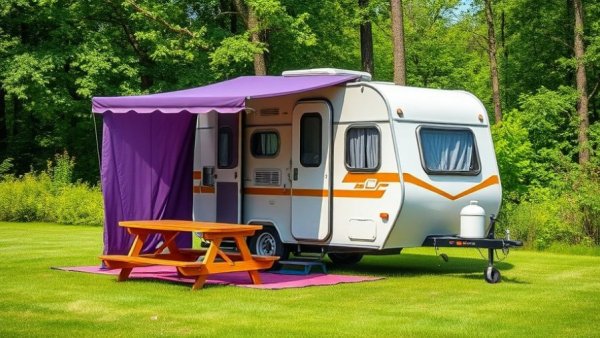 Compact vintage camper with purple tent at grassy campsite.