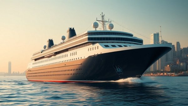 Icon Class cruise ship navigating near a cityscape.