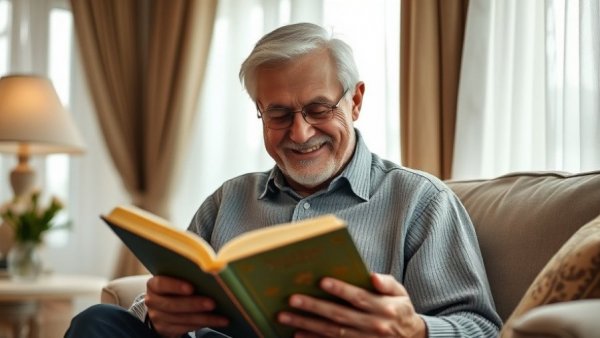 Elderly man enjoying reading on a couch, promoting brain health.