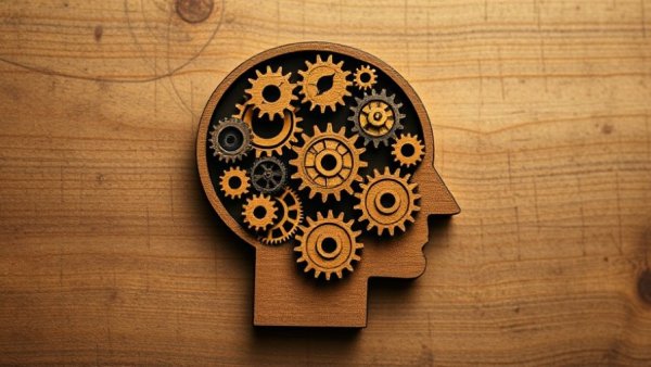 Symbolic wooden head with gears representing cognitive aging.