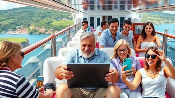 Collage showcasing Royal Caribbean Wi-Fi experiences with vibrant cruise scenes.