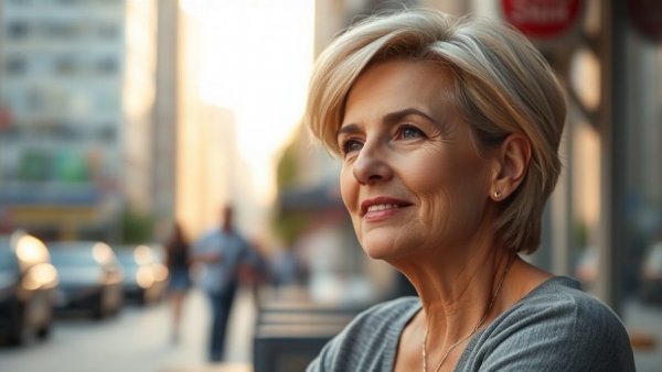 Mature woman enjoying solo travel, feeling relaxed in a sunny city setting.