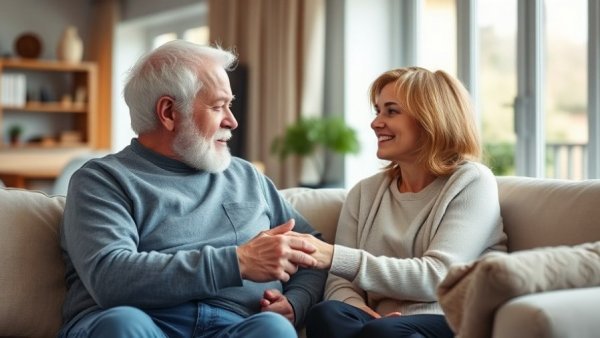 Aging Parent Care Needs: Elderly man and young woman conversing.
