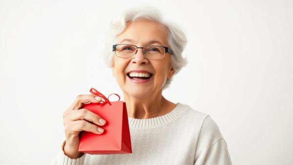 Elderly woman holding a red gift bag, great gift ideas for older adults.