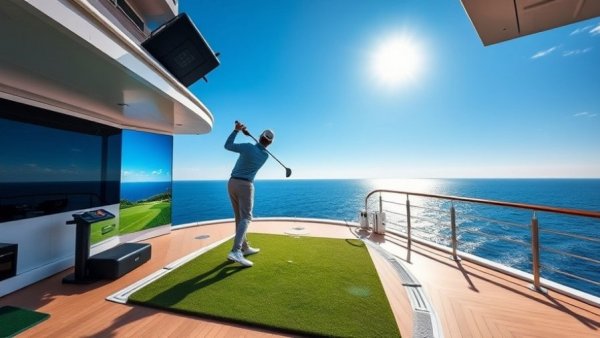AI fitness and golf simulators cruise with ocean view.