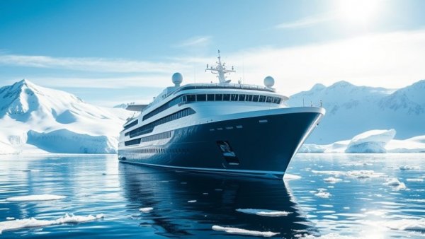 Aurora Expeditions ship in Antarctic waters, 2025.