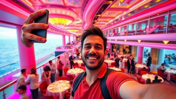 Joyful cruise traveler posing in ship's vibrant interior.