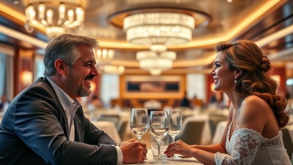 Elegant cruise dining experience, couple with waiter, Azamara Pre-Cruise Booking.