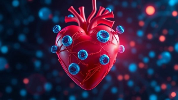 Heart with blue vesicles representing extracellular vesicles therapy for cardiac recovery.