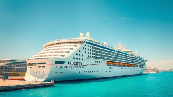 Docked Royal Caribbean cruise ship on a sunny day.