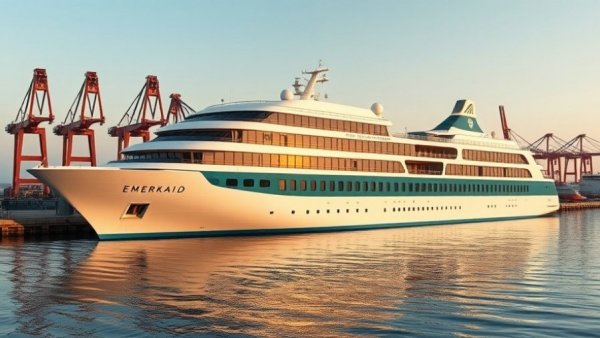 Luxury cruise ship Emerald Kaia docked at shipyard