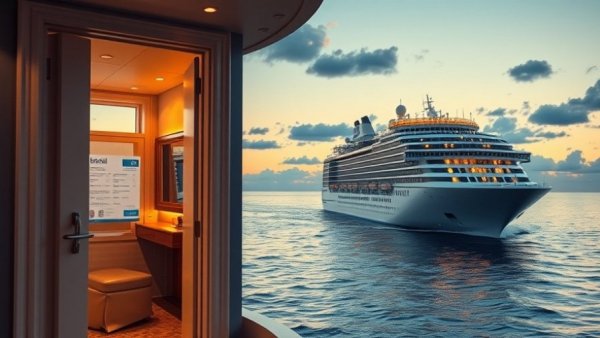 Royal Caribbean cabin door with bills and cruise ship at sea.