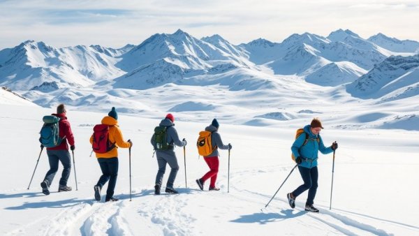 Explorers on snowy trek with mountain backdrop, polar guides professional development.