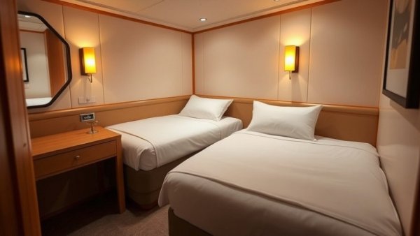 Cozy twin cruise cabin with modern decor, perfect for downgrades.