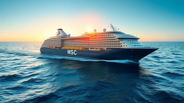 MSC Grandiosa sails across the ocean at sunset.
