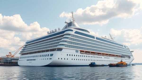 Royal Caribbean cruise ship at port during Cyber Monday sale, clear sky.