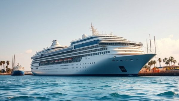 Explora Journeys World Cruise 2029 ship docked at tropical port.