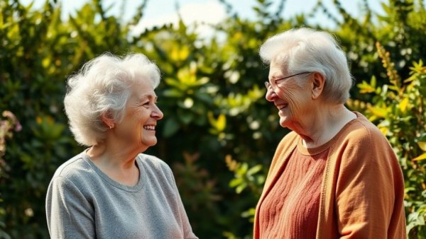 Costs of Elder Care Options: Elderly woman and caregiver smiling in garden setting.