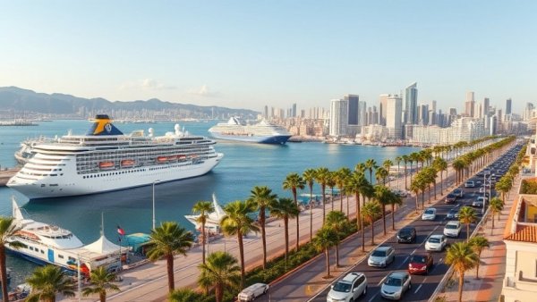 Bustling port with cruise ships and city skyline representing record cruise passenger numbers.