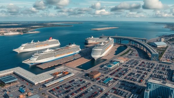 Aerial view of the world's busiest cruise port with ships and terminals.