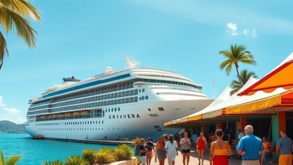 Cruise ships return to Jamaica, docked at colorful port.