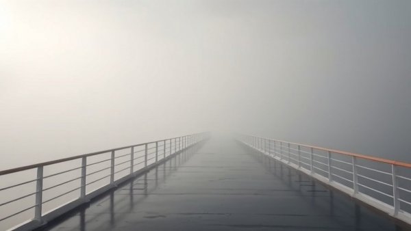 Misty horizon from a cruise ship deck illustrating Royal Caribbean cruise delays.