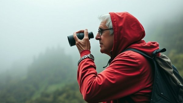 Senior man practicing hiking safety measures in foggy environment.