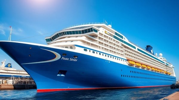 Royal Caribbean cruise ship docked under bright sunlight.