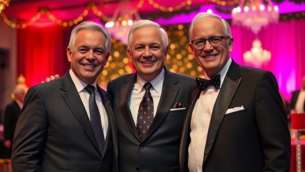 Men at Phoenix Reisen charity event amid festive lights.