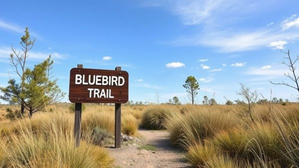 Trail sign for Bluebird Trail on a sunny day, ideal for winter day trips from Green Bay.