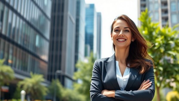 AI Boom and Investment Lessons: Professional woman smiling in cityscape