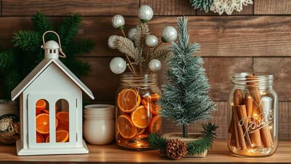 Rustic Christmas decor on a wooden shelf for reducing holiday stress.