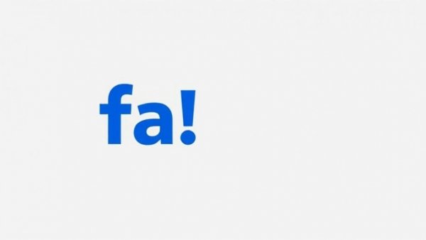 Blue 'fa!' text on a gray background.