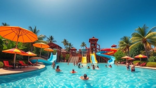 Aerial view of vibrant tropical water park with colorful umbrellas and slides on a sunny day.